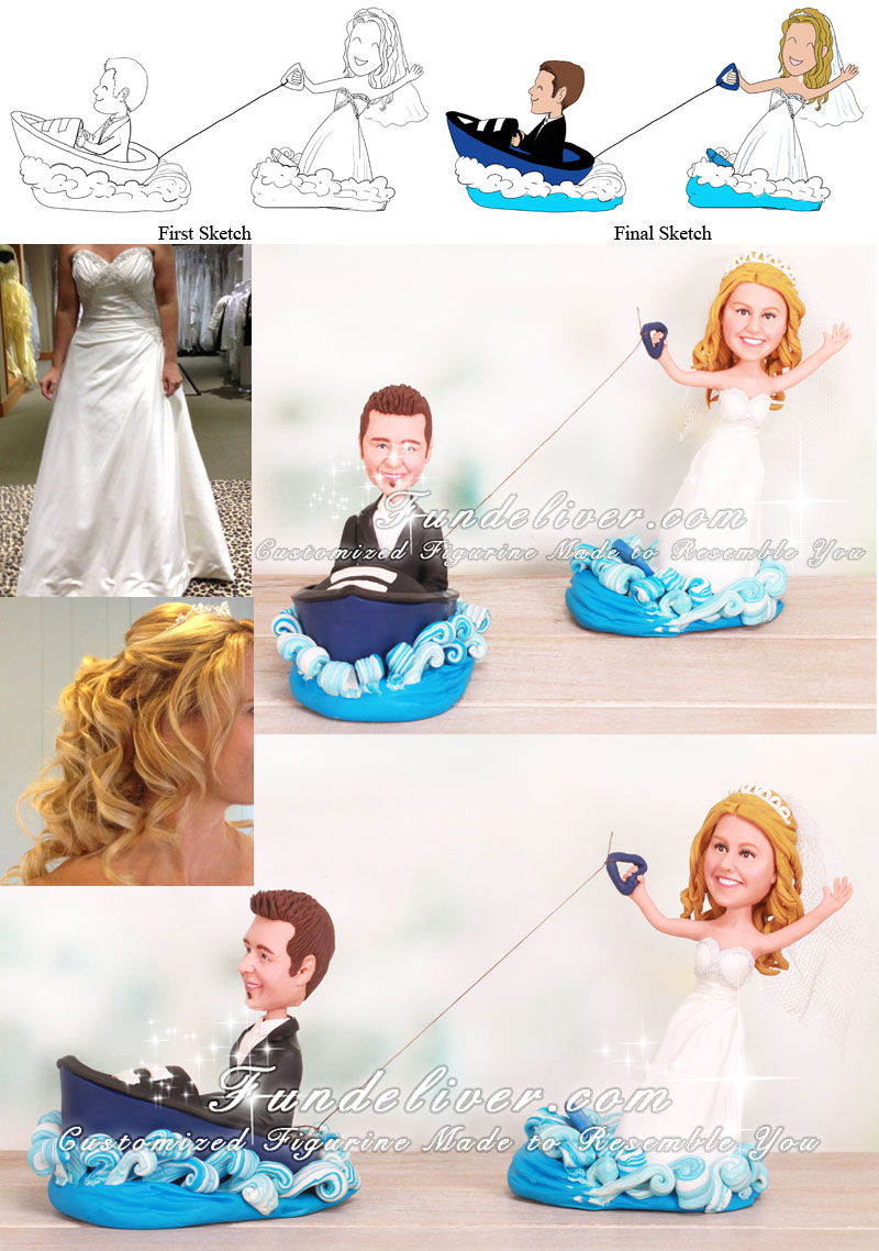 Bride Wake Boarding Groom Driving Speed Boat Cake Toppers